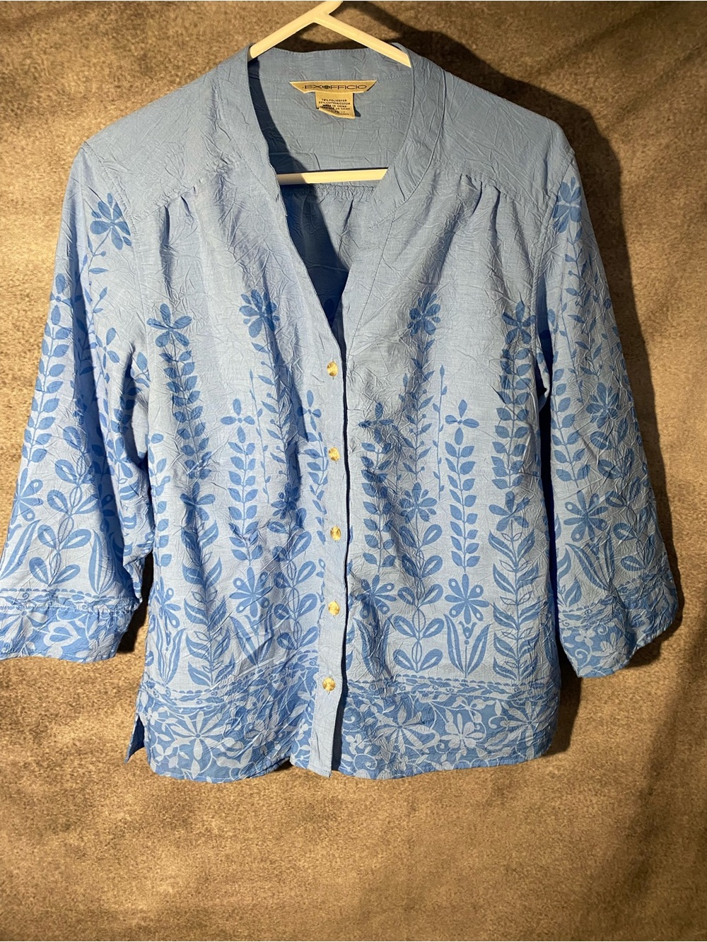 ExOfficio Women's Large Blue Floral Crinkle Button Front Shirt 3/4 Sleeve Top